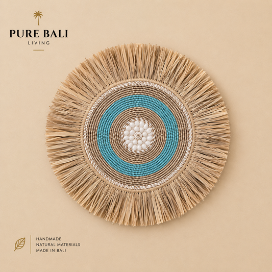 Bali Wandbord Beige/Groen/Wit| Ø45 cm – Handgemaakt Rotan Wandbord | Boho Wanddecoratie
