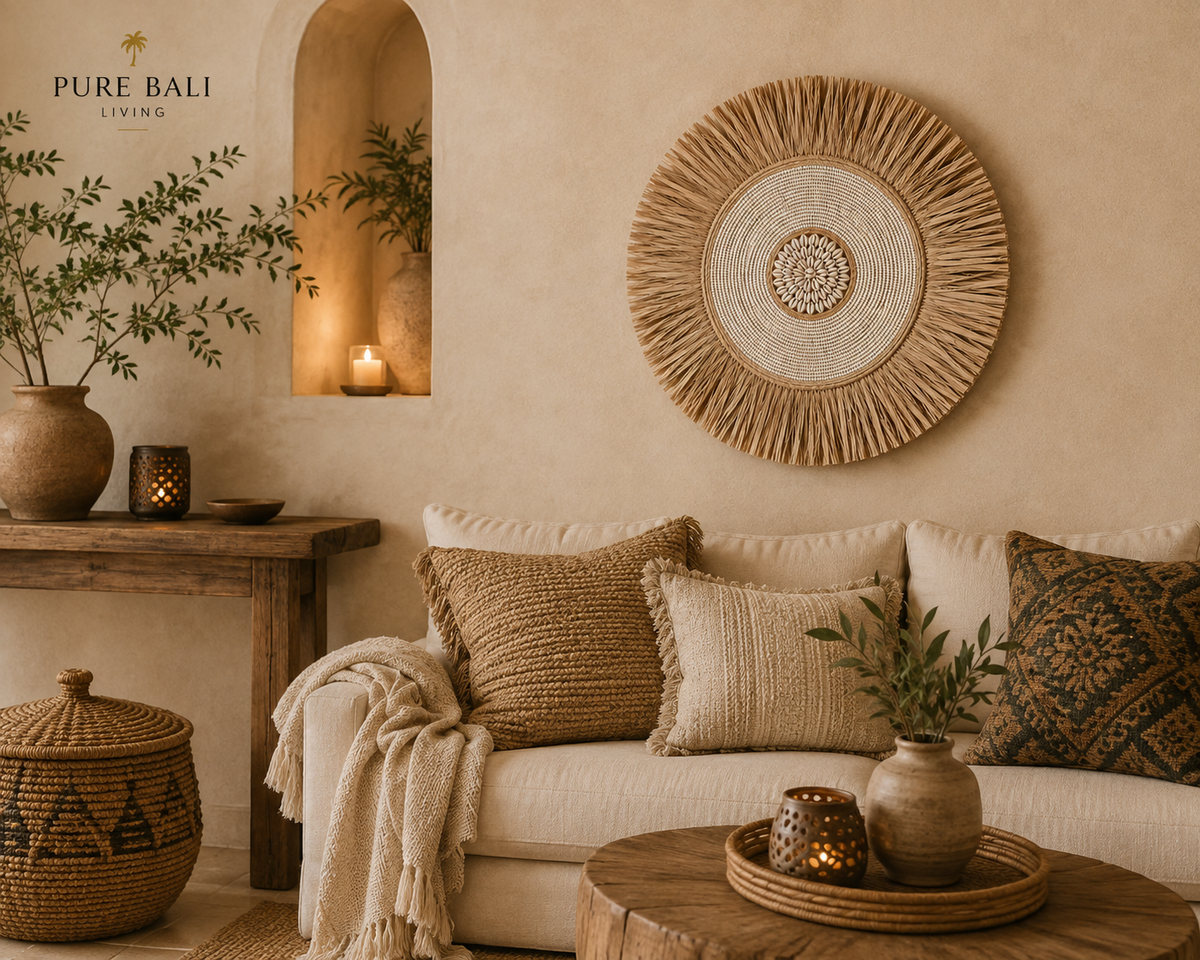 Bali Wandbord Beige/wit/Naturel Ø45 cm – Handgemaakt Rotan Wandbord | Boho Wanddecoratie