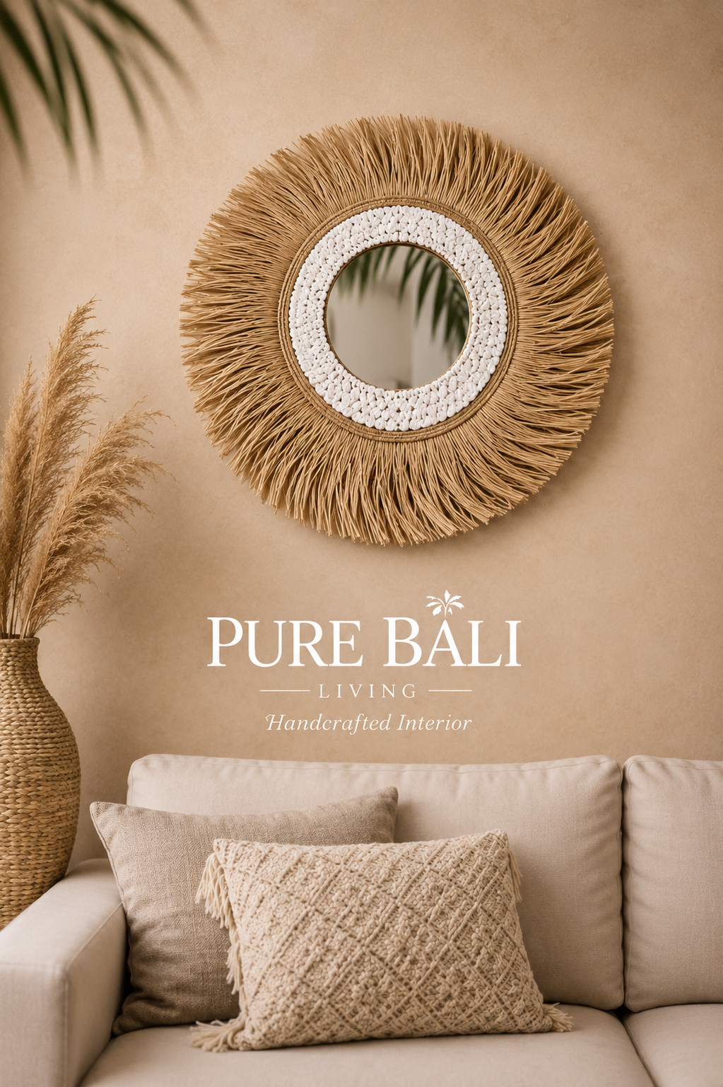 Bali Wandbord Wit/beige met Spiegel – Rotan Wanddecoratie Boho | Handgemaakt (kopie)