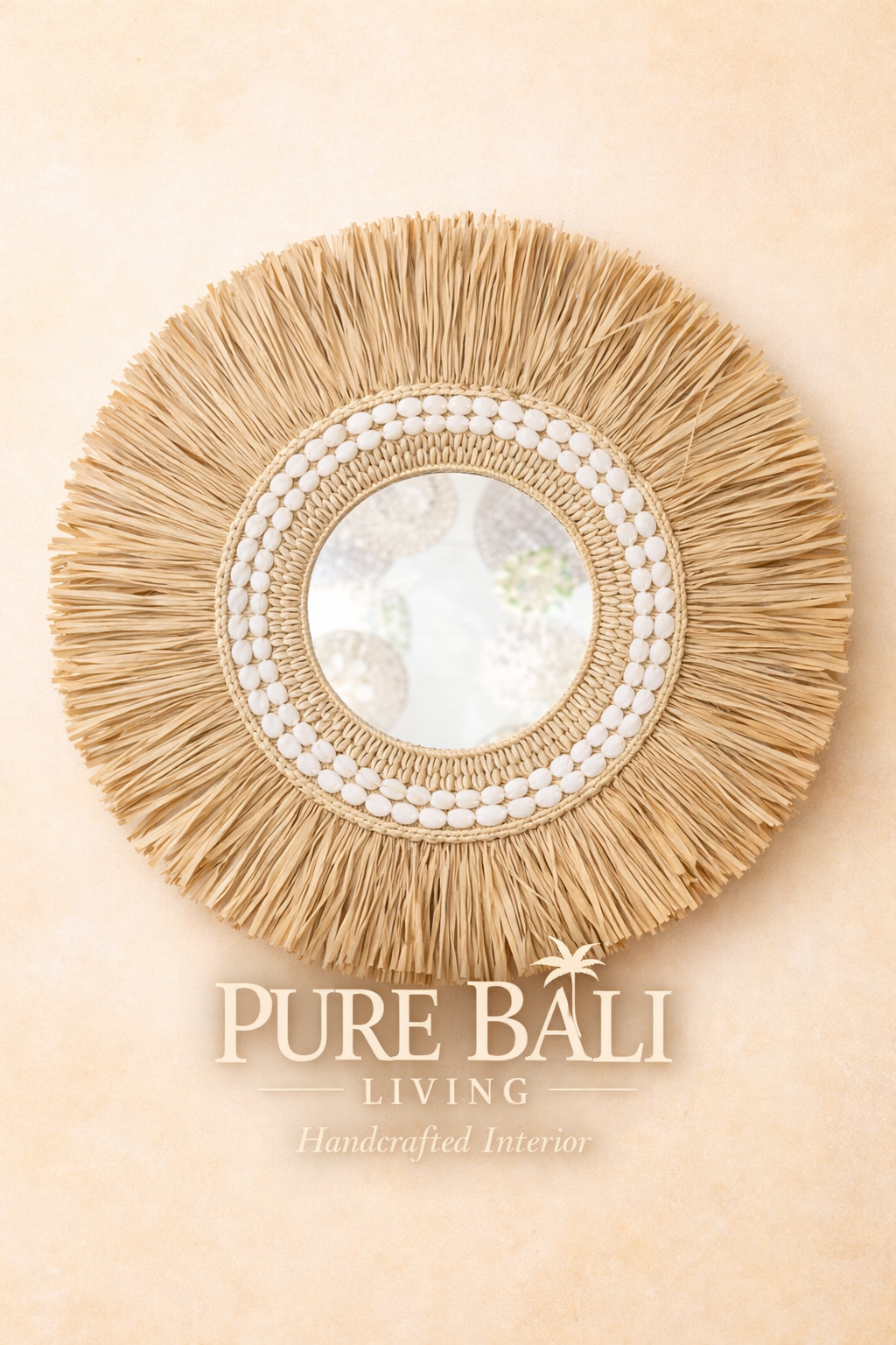 Bali wandbord wit met spiegel rotan boho wanddecoratie