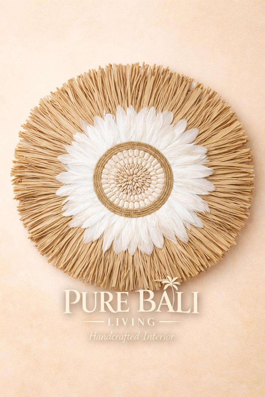 Bali wandbord wit veren rotan boho wanddecoratie rond