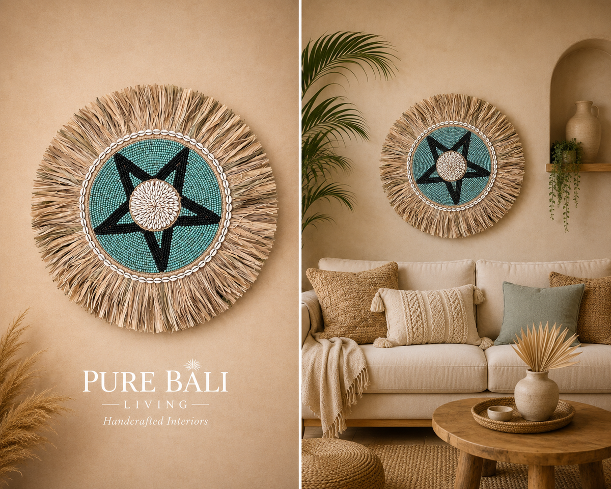 Bali Wandbord Beige/Groen/zwart Ø45 cm – Handgemaakt Rotan Wandbord | Boho Wanddecoratie