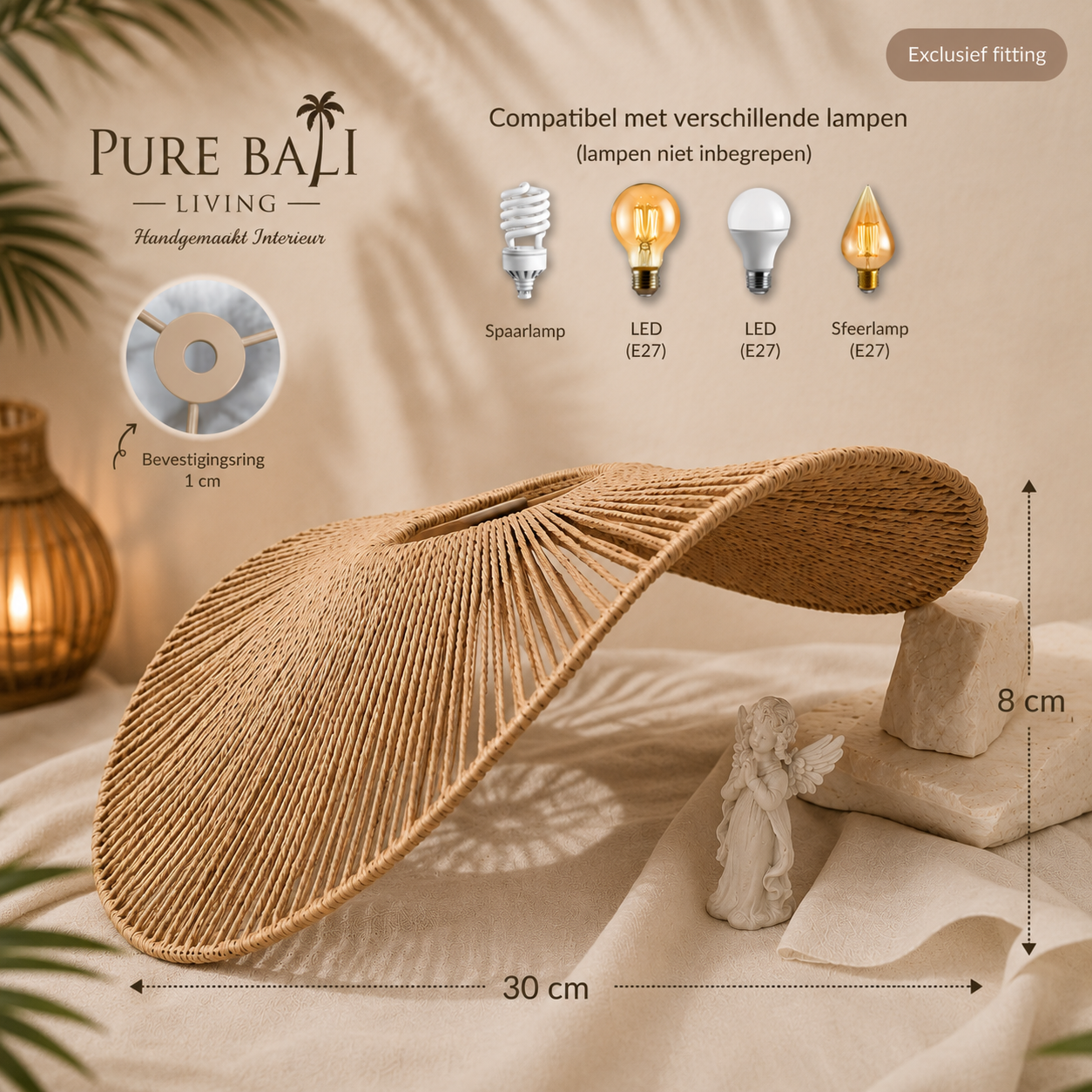 Bali Hanglamp Rotan – Handgemaakte Lampenkap Naturel 30 cm