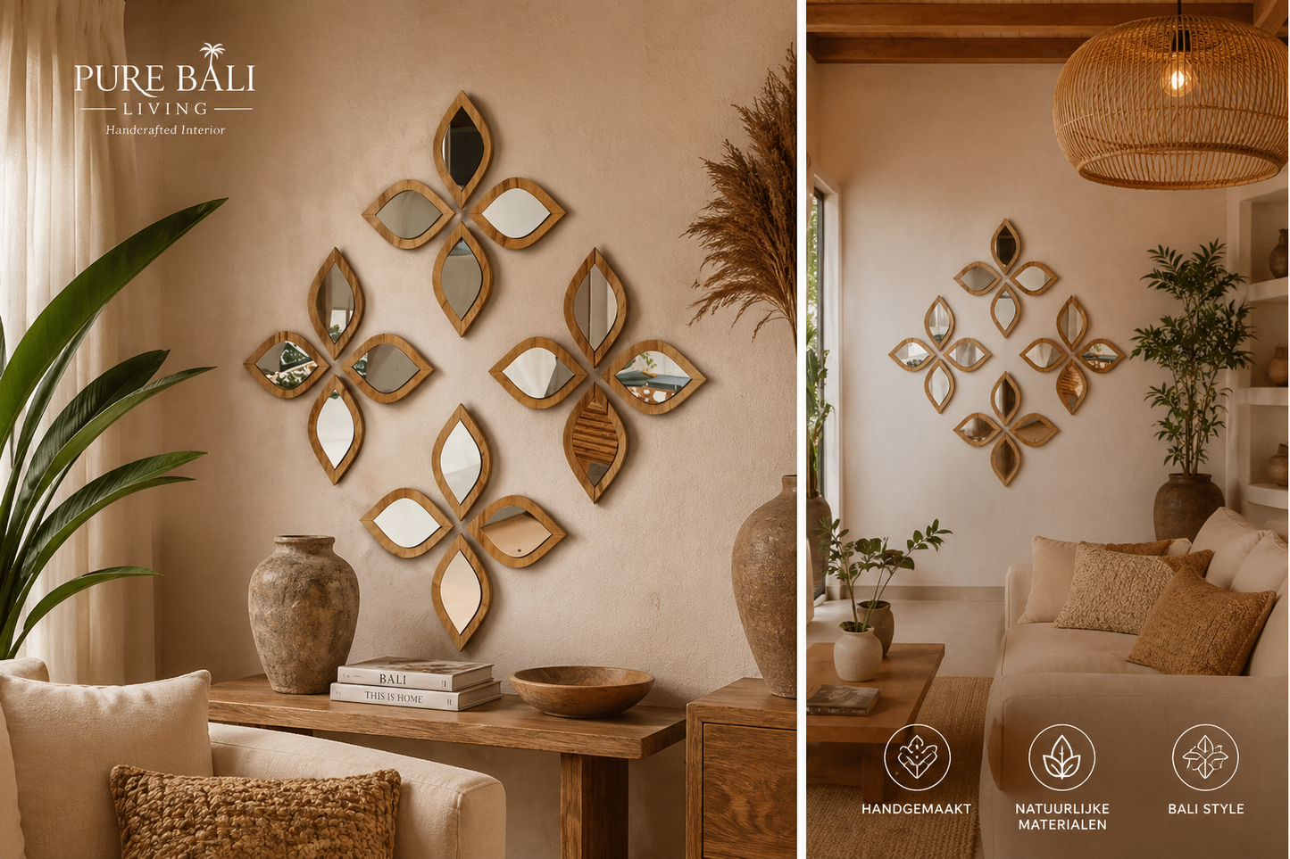 Bali Wandspiegels Set (4 stuks) – Boho Houten wanddecoratie | Luxe Sfeer
