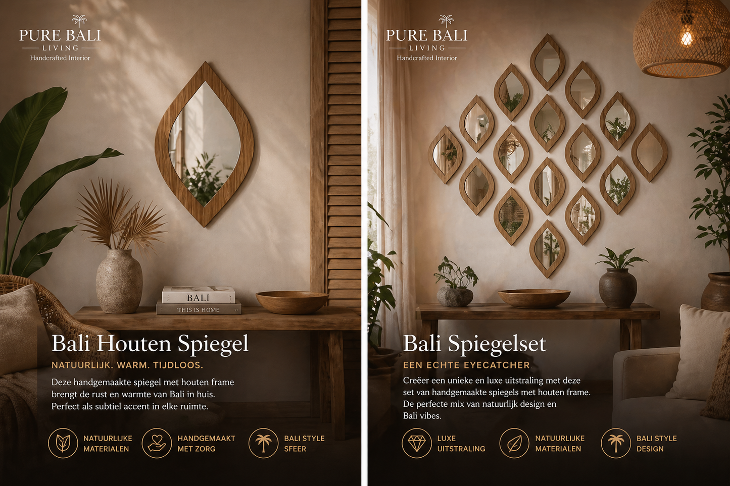 Bali Wandspiegels Set (4 stuks) – Boho Houten wanddecoratie | Luxe Sfeer