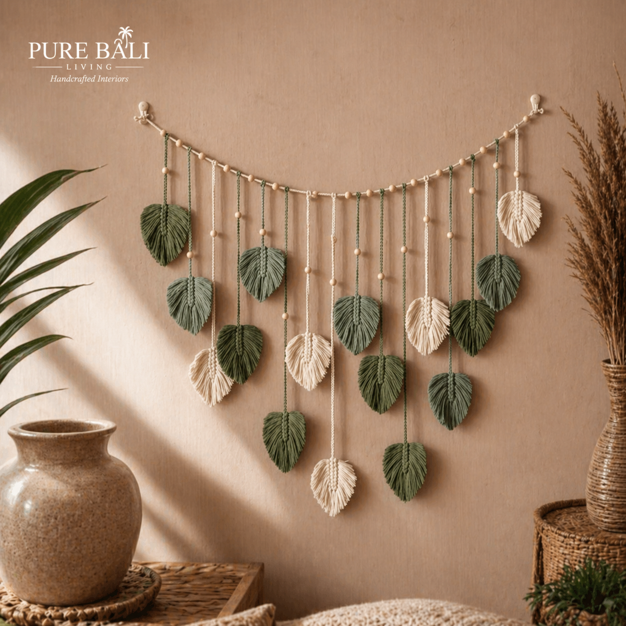 Boho Wandhanger met Bladeren – Macramé Wanddecoratie Bali Stijl