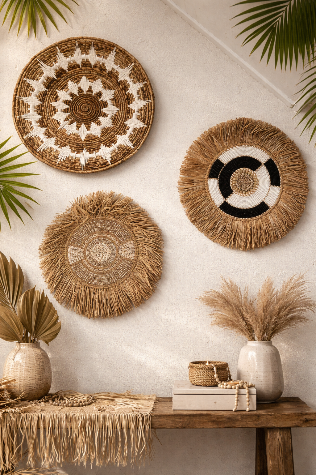 Bali wanddecoratie set rotan wandborden boho interieur muur