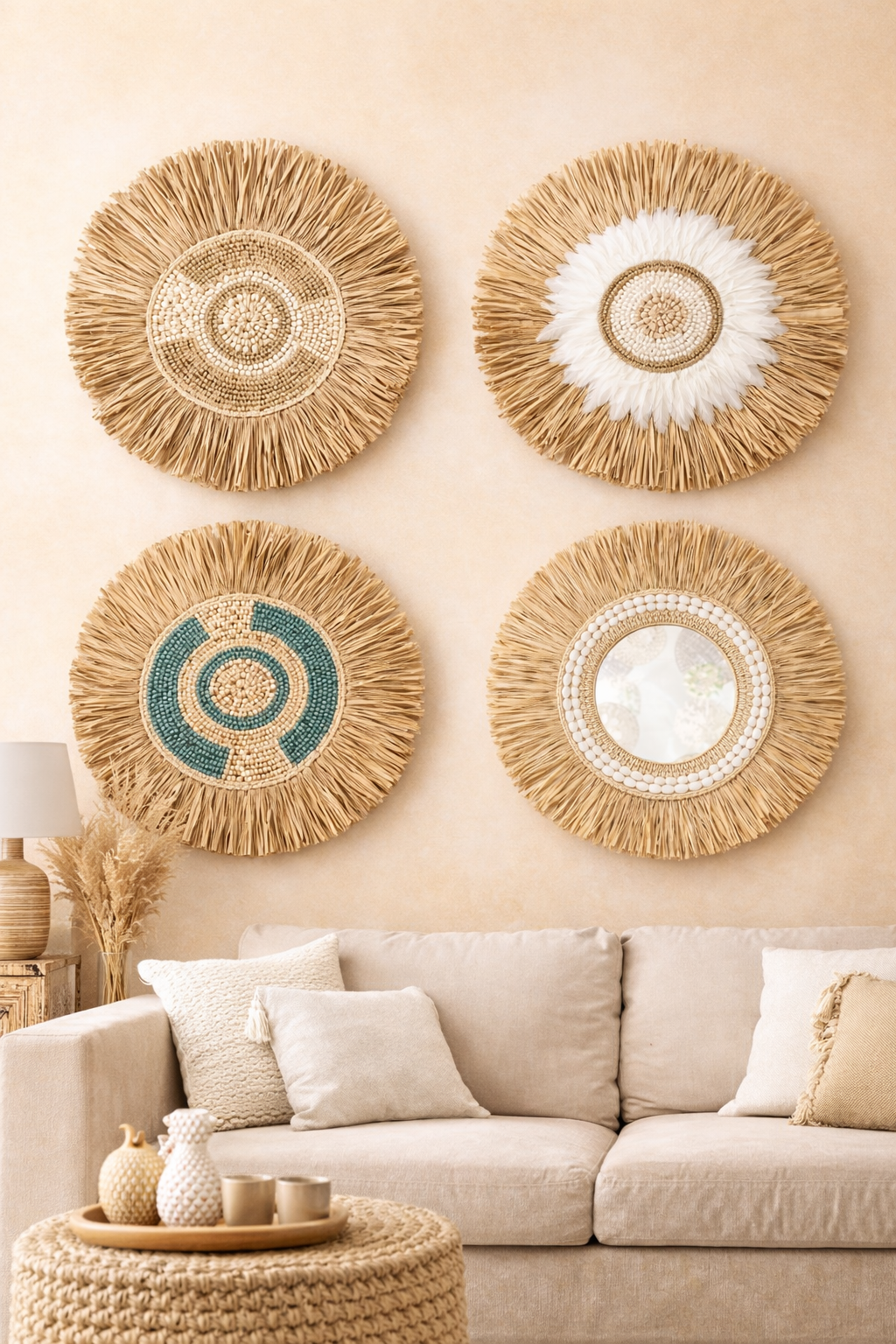 Bali wanddecoratie set rotan wandborden boho interieur muur