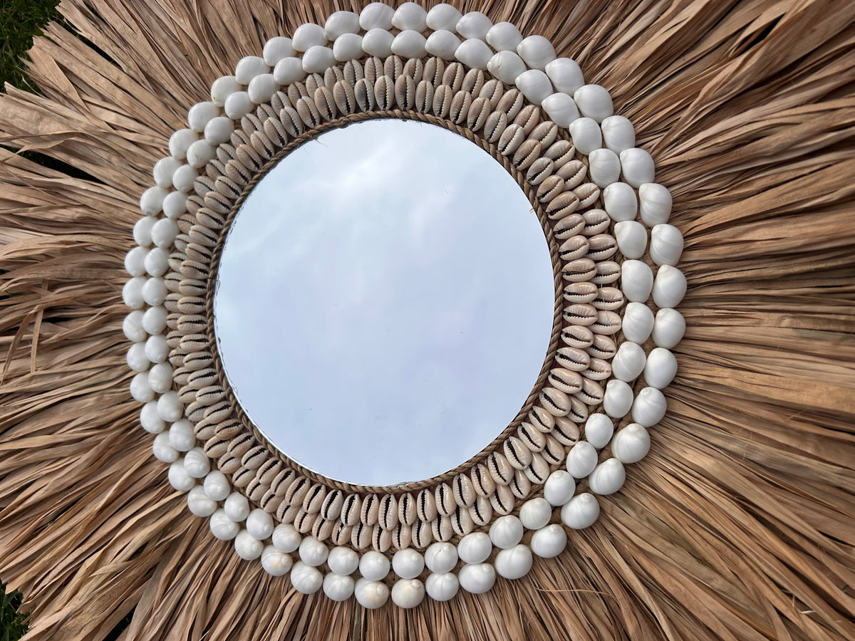 Bali Wandbord Wit/beige met Spiegel – Rotan Wanddecoratie Boho | Handgemaakt