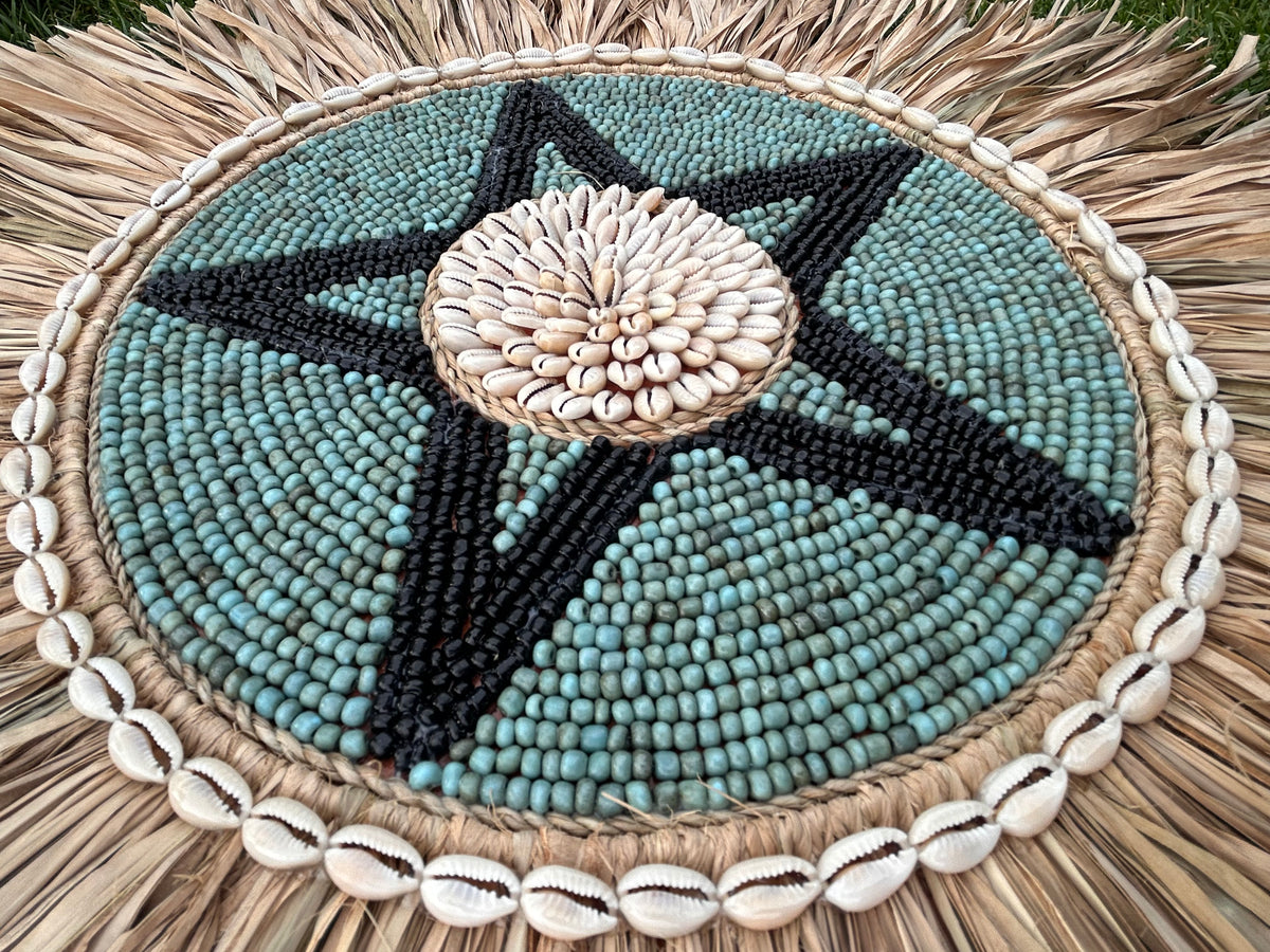 Bali Wandbord Beige/Groen/zwart Ø45 cm – Handgemaakt Rotan Wandbord | Boho Wanddecoratie