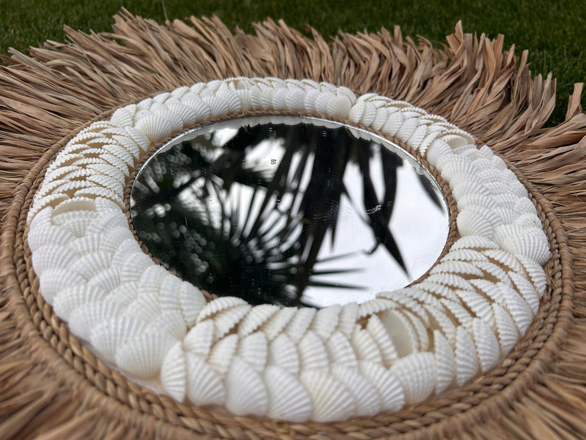 Bali Wandbord Wit/beige met Spiegel – Rotan Wanddecoratie Boho | Handgemaakt (kopie)