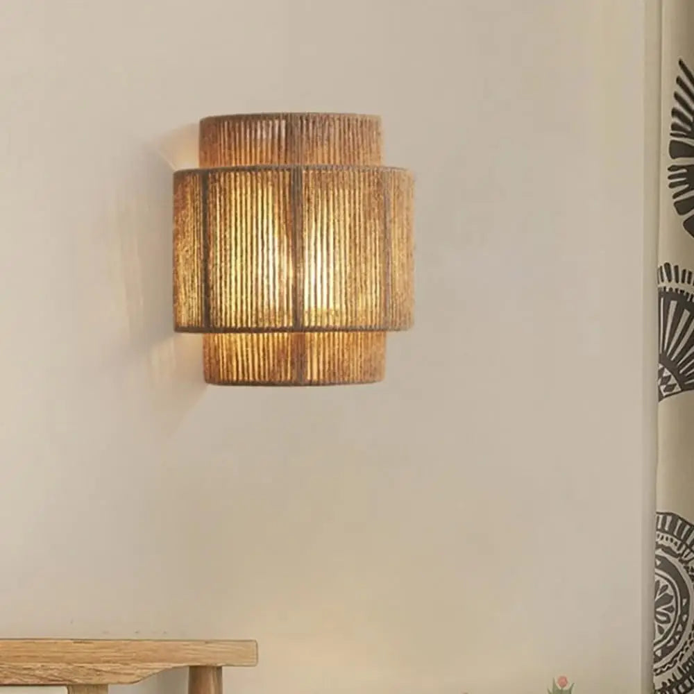 Boho Rattan Wall Light Woven Hemp Rope Wall Sconces Light Fixture Farmhouse Rustic Wall Lamps for Living Room Bedroom Stairway