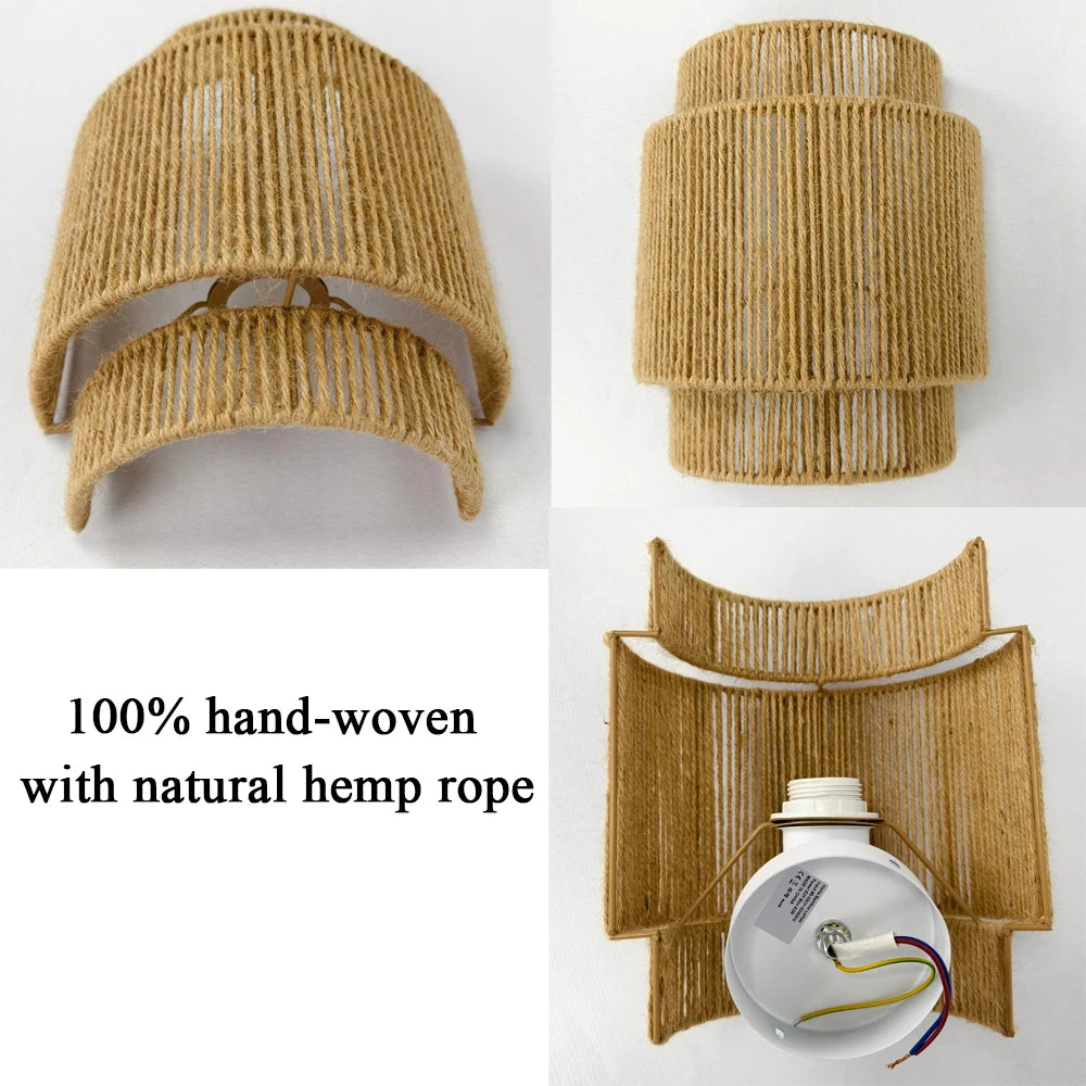 Boho Rattan Wall Light Woven Hemp Rope Wall Sconces Light Fixture Farmhouse Rustic Wall Lamps for Living Room Bedroom Stairway