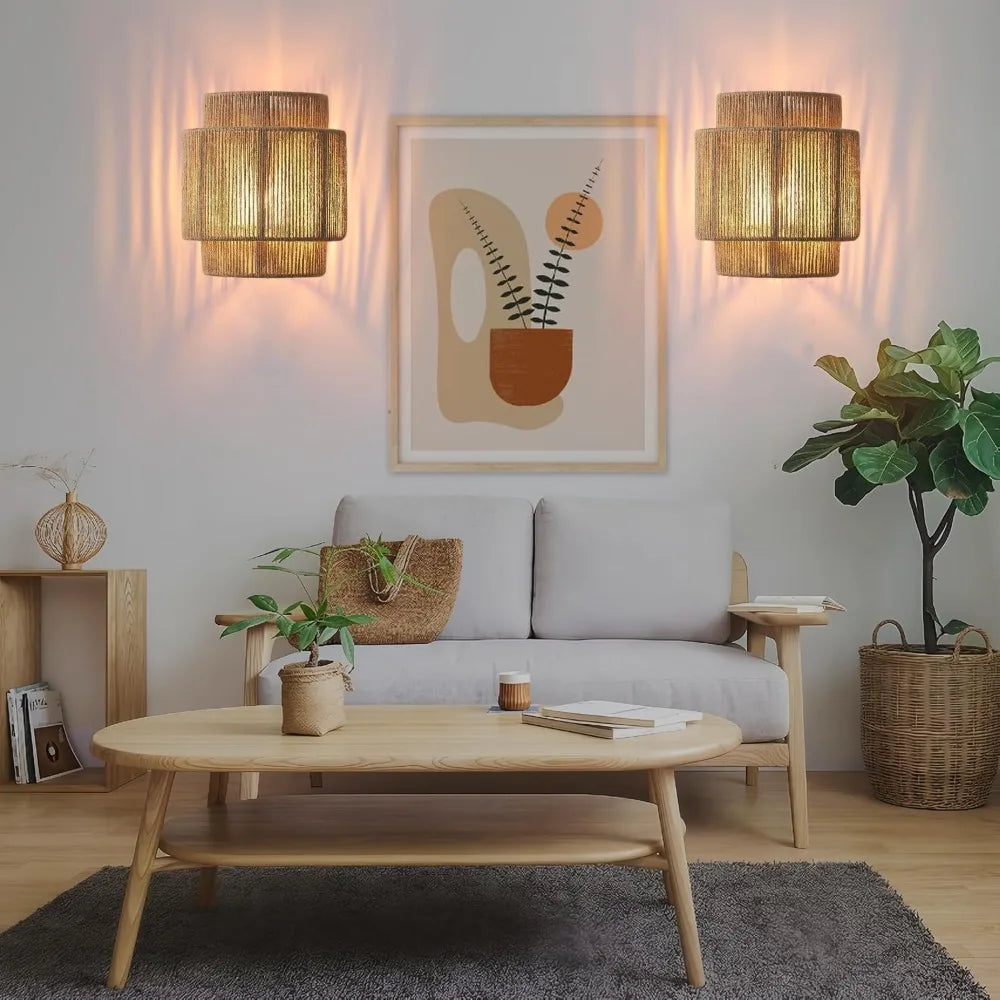 Boho Rattan Wall Light Woven Hemp Rope Wall Sconces Light Fixture Farmhouse Rustic Wall Lamps for Living Room Bedroom Stairway